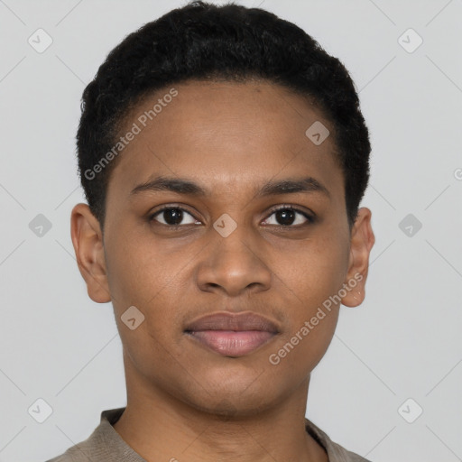 Joyful black young-adult male with short  black hair and brown eyes