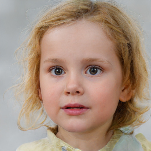 Neutral white child female with medium  brown hair and blue eyes