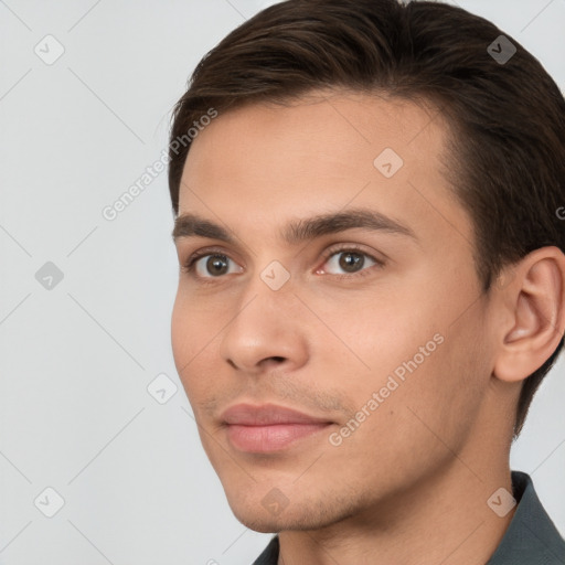 Neutral white young-adult male with short  brown hair and brown eyes