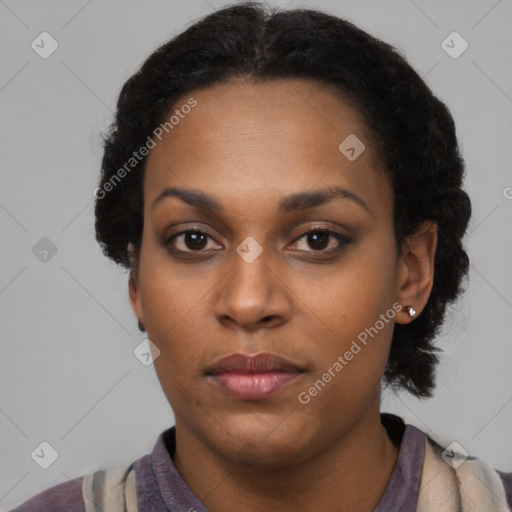 Neutral black young-adult female with short  black hair and brown eyes