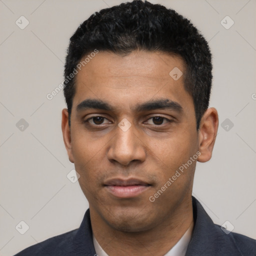 Neutral latino young-adult male with short  black hair and brown eyes