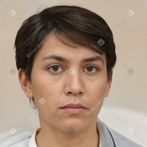 Neutral white young-adult female with short  brown hair and brown eyes