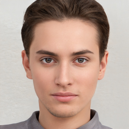 Neutral white young-adult male with short  brown hair and brown eyes