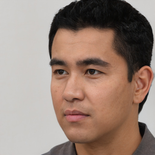 Neutral asian young-adult male with short  black hair and brown eyes
