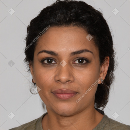 Joyful latino young-adult female with medium  black hair and brown eyes