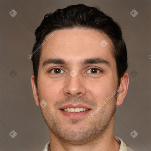 Joyful white young-adult male with short  brown hair and brown eyes