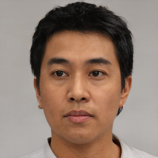 Neutral asian young-adult male with short  black hair and brown eyes