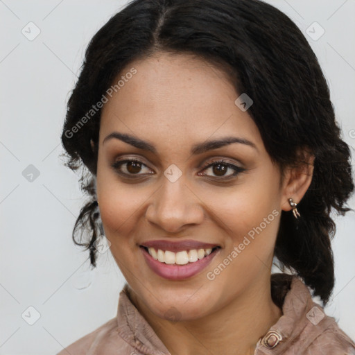 Joyful latino young-adult female with long  brown hair and brown eyes