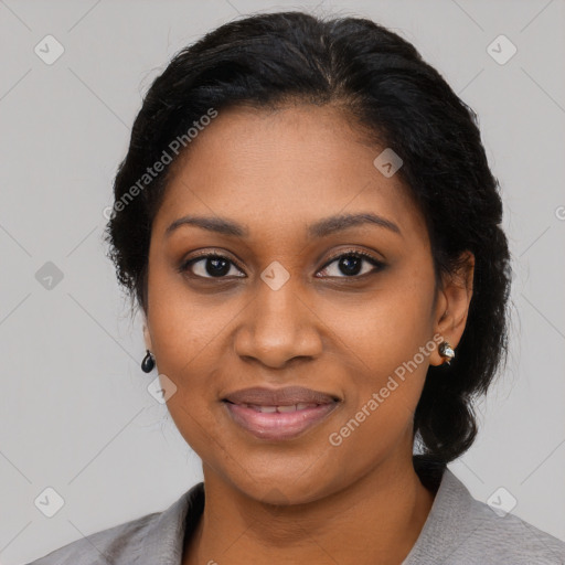 Joyful black young-adult female with medium  black hair and brown eyes