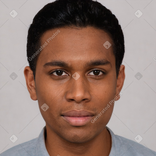 Neutral black young-adult male with short  black hair and brown eyes