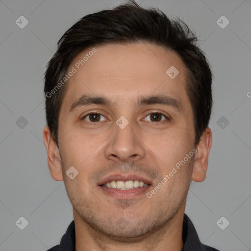 Joyful white young-adult male with short  brown hair and brown eyes