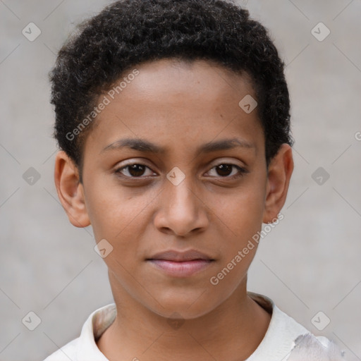 Joyful black child female with short  brown hair and brown eyes