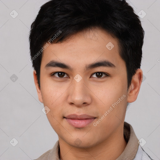 Neutral asian young-adult male with short  brown hair and brown eyes