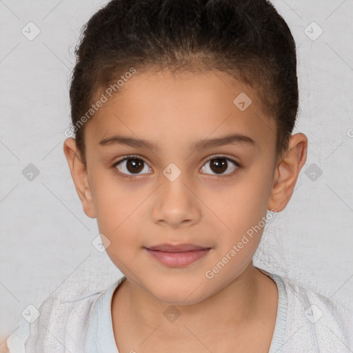 Joyful white child female with short  brown hair and brown eyes