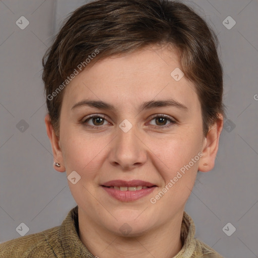 Joyful white young-adult female with medium  brown hair and grey eyes