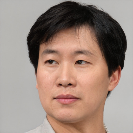 Neutral asian adult male with short  black hair and brown eyes