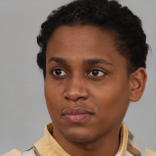 Joyful black young-adult female with short  brown hair and brown eyes
