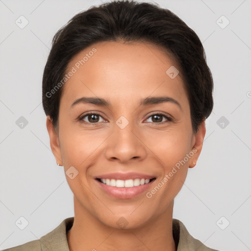 Joyful white young-adult female with short  brown hair and brown eyes