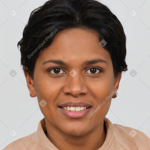 Joyful latino young-adult female with short  brown hair and brown eyes