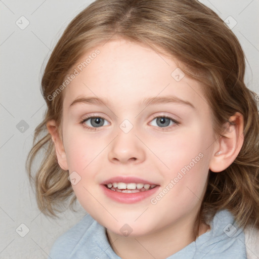 Joyful white child female with medium  brown hair and blue eyes