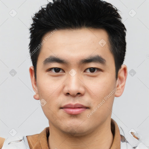 Neutral asian young-adult male with short  black hair and brown eyes