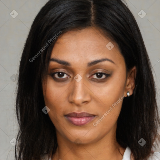 Joyful asian young-adult female with long  brown hair and brown eyes