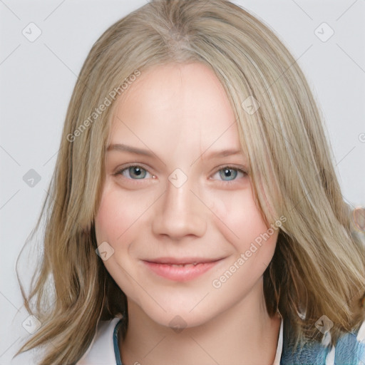 Joyful white young-adult female with medium  brown hair and blue eyes