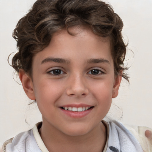 Joyful white child male with medium  brown hair and brown eyes