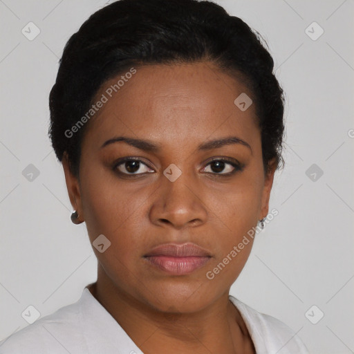 Neutral black young-adult female with short  black hair and brown eyes