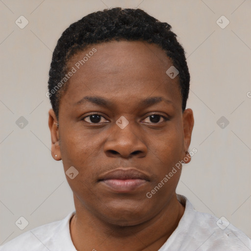 Neutral black young-adult female with short  black hair and brown eyes