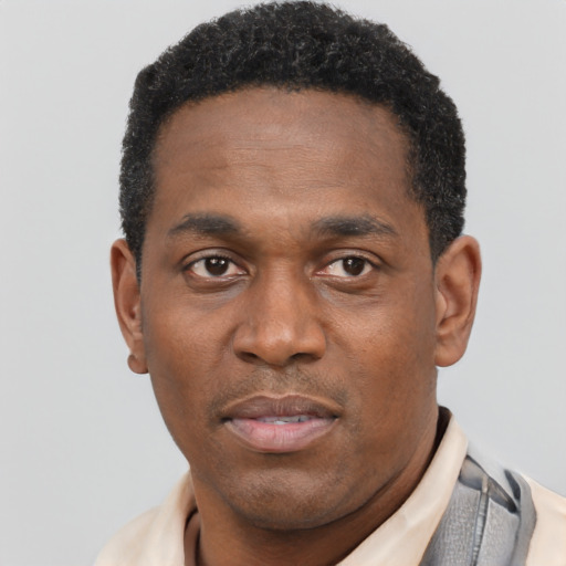 Neutral latino adult male with short  black hair and brown eyes
