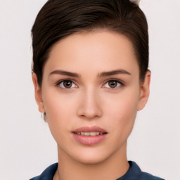 Neutral white young-adult female with short  brown hair and brown eyes