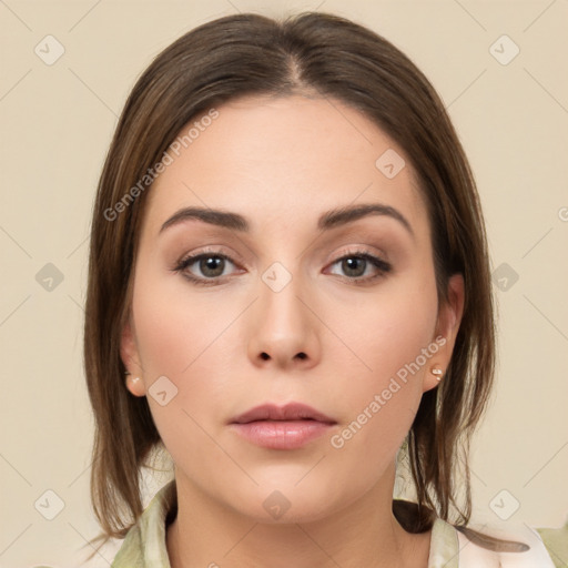 Neutral white young-adult female with medium  brown hair and brown eyes