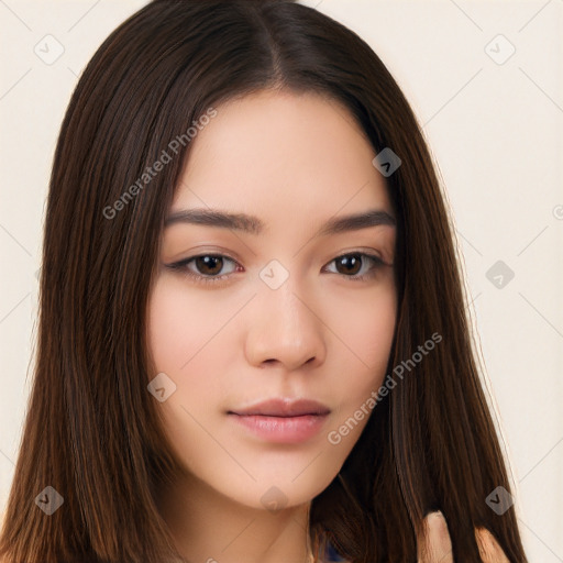 Neutral white young-adult female with long  brown hair and brown eyes