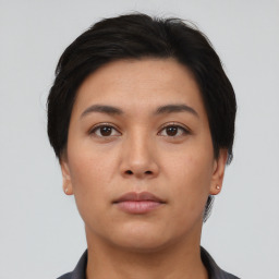 Neutral asian young-adult female with short  black hair and brown eyes