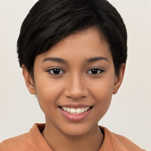 Joyful latino young-adult female with short  black hair and brown eyes