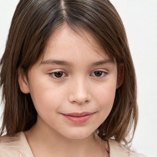 Joyful white child female with medium  brown hair and brown eyes