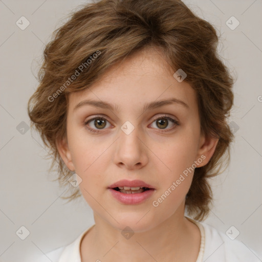 Neutral white young-adult female with medium  brown hair and brown eyes