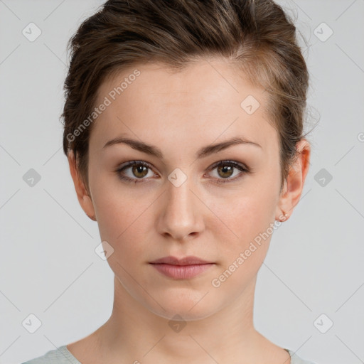 Neutral white young-adult female with short  brown hair and brown eyes