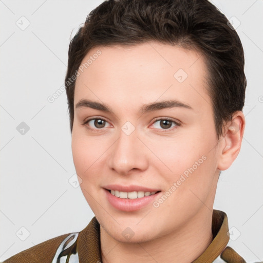 Joyful white young-adult female with short  brown hair and brown eyes