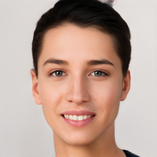 Joyful white young-adult female with short  brown hair and brown eyes