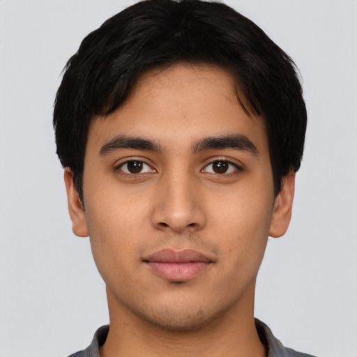 Neutral asian young-adult male with short  black hair and brown eyes