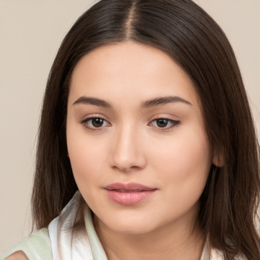 Neutral white young-adult female with long  brown hair and brown eyes