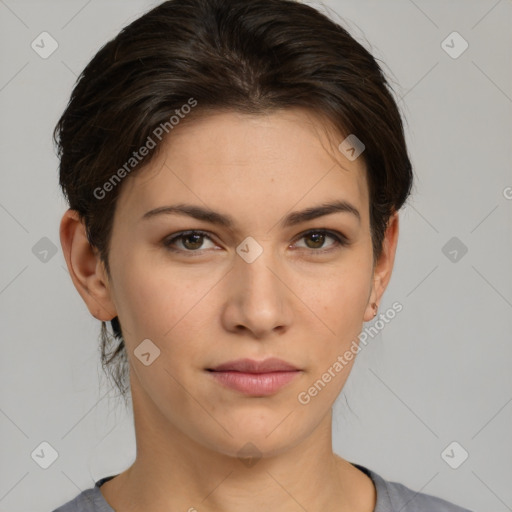 Neutral white young-adult female with short  brown hair and brown eyes