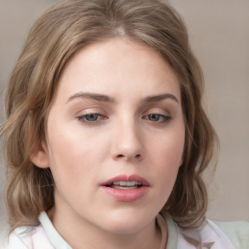 Neutral white young-adult female with medium  brown hair and blue eyes