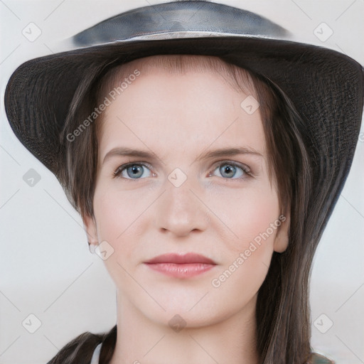 Neutral white young-adult female with medium  brown hair and grey eyes