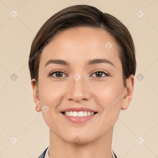 Joyful white young-adult female with short  brown hair and brown eyes