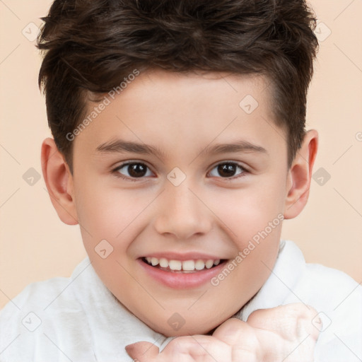 Joyful white child male with short  brown hair and brown eyes