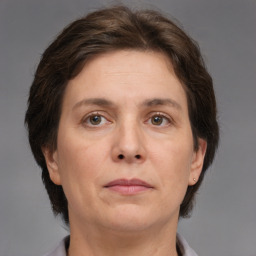 Neutral white adult female with short  brown hair and brown eyes