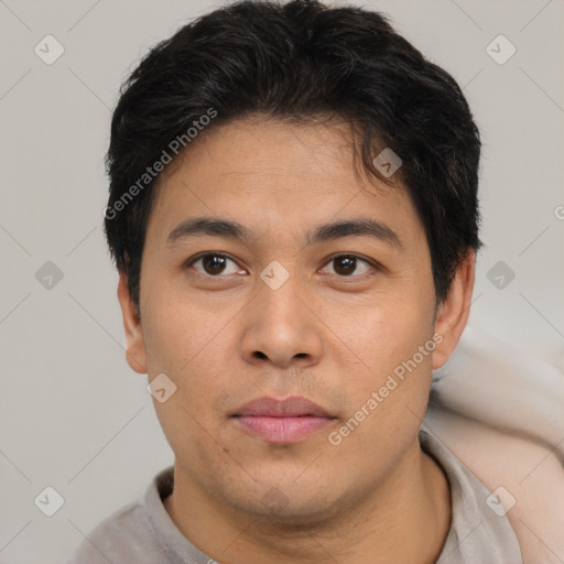 Neutral asian young-adult male with short  brown hair and brown eyes